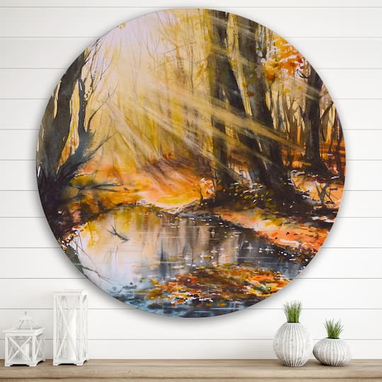 Designart - Bright Sunshine Through The Forest Trees III - Lake House Metal Circle Wall Art
